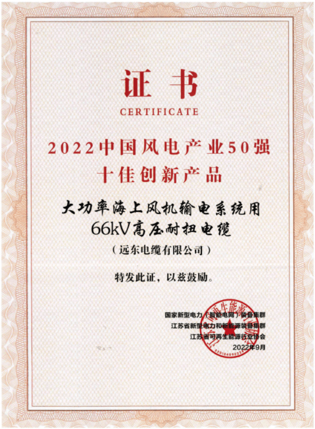 建功新时代丨远东电缆66开云APP 开云官网入口kV高压耐扭电缆荣获2022中国风电产业50强“十佳创新产品”(图1)